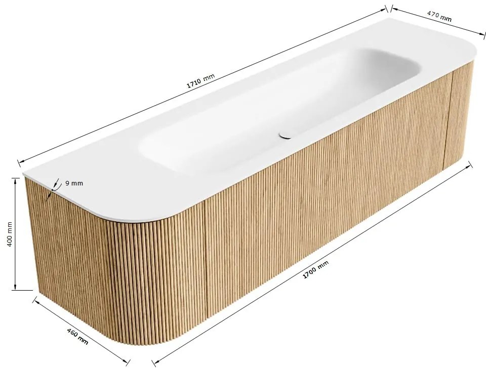 Mondiaz Kurve 170cm badmeubel ronding links/rechts oak met 1 lade en 2 deuren en wastafel big large midden 1 kraangat