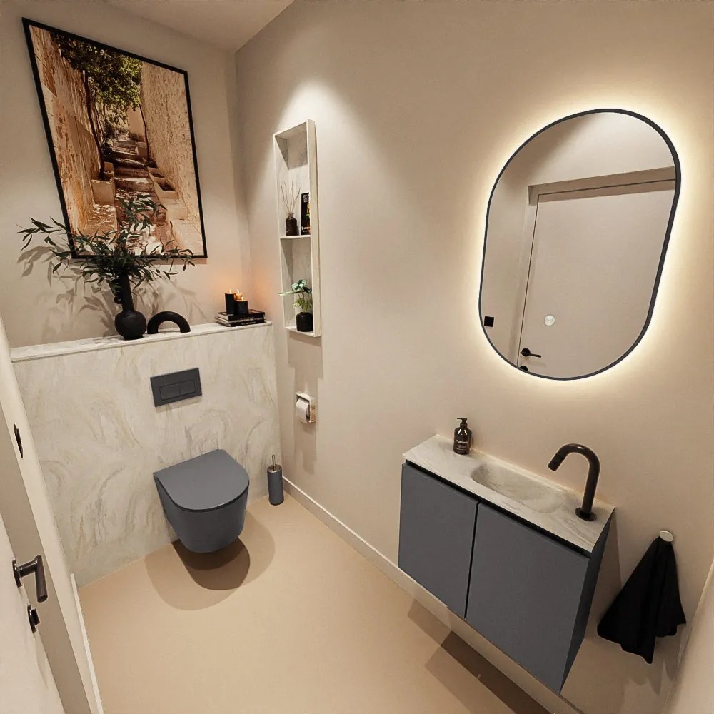 Mondiaz Ture DLux toiletmeubel 60cm dark grey met wastafel ostra rechts met kraangat