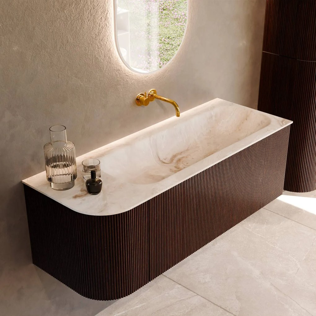 Mondiaz Kurve-dlux 125cm badmeubel ronding links ruby met 1 lade en deur en wastafel big medium rechts zonder kraangat frappe