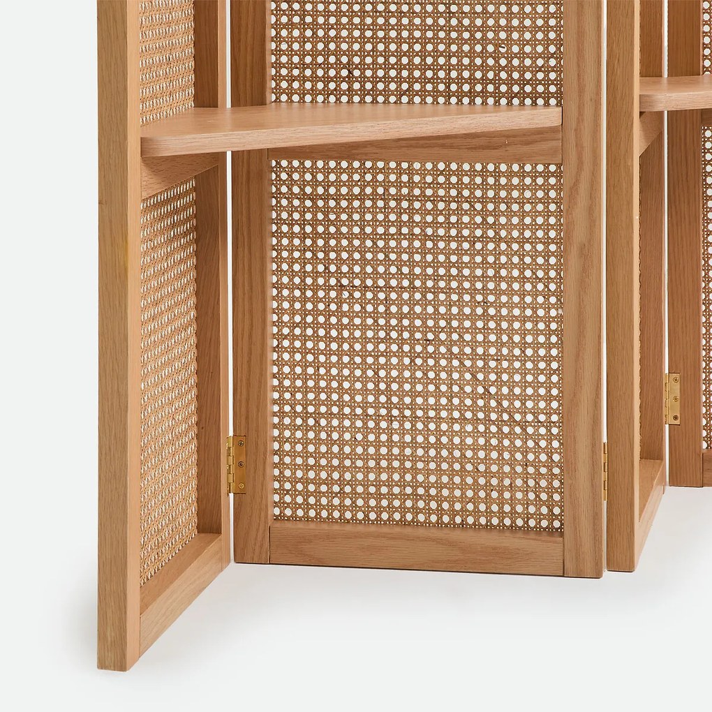 Kamerscherm met 4 panelen, 6 planken, van massief eikenhout, gefineerd en met rietvlechtwerk, MATHEO