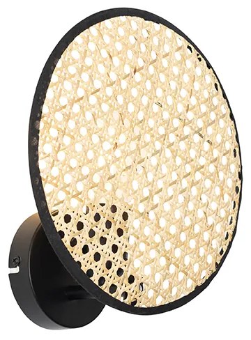 Landelijke wandlamp zwart met rotan 25 cm - KataOosters, Landelijk E27 rond Binnenverlichting Lamp