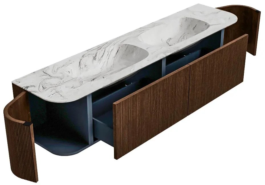 Mondiaz Kurve-dlux 190cm badmeubel ronding links/rechts walnut met 2 lades en deuren en wastafel stor small dubbel 2 kraangaten glace