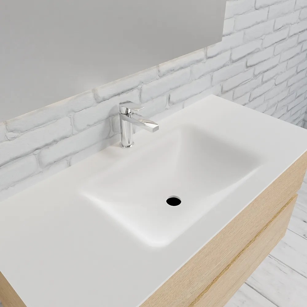 Zaro Valencia Solid Surface badmeubel 100cm licht eiken 1 kraangat spoelbak midden met 2 lades