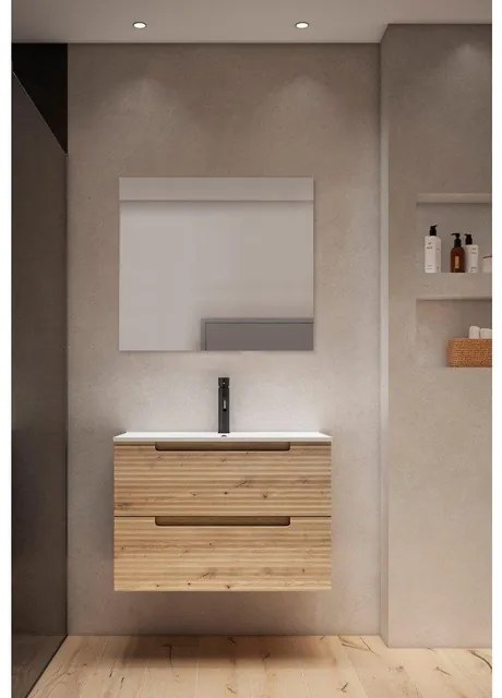 Saniclass Prime Balance Badkamermeubelset - 80x55x45cm - 1 rechthoekige keramische wasbak wit - 1 kraangat - 2 lades - rechthoekige spiegel - rustiek eiken SW724611/SW804531/SW1027167