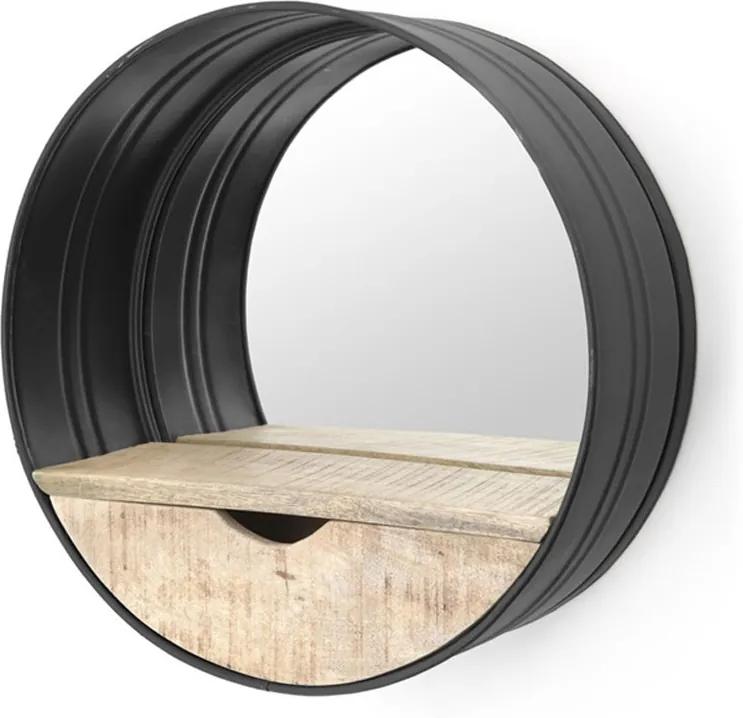 By-Boo Round Mirror Industriele Spiegel Zwart Met Hout - 40x40cm