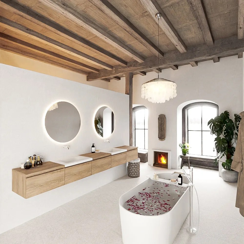 Mondiaz Bukla 300cm badmeubel met module 60 Washed Oak met 5 lades wastafel Cloud dubbel 0 kraangaten Talc