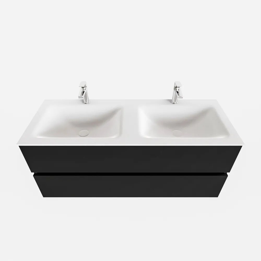 Zaro Valencia mat zwart badmeubel 120cm met Solid Surface wastafel 2 kraangaten dubbele spoelbak 2 lades