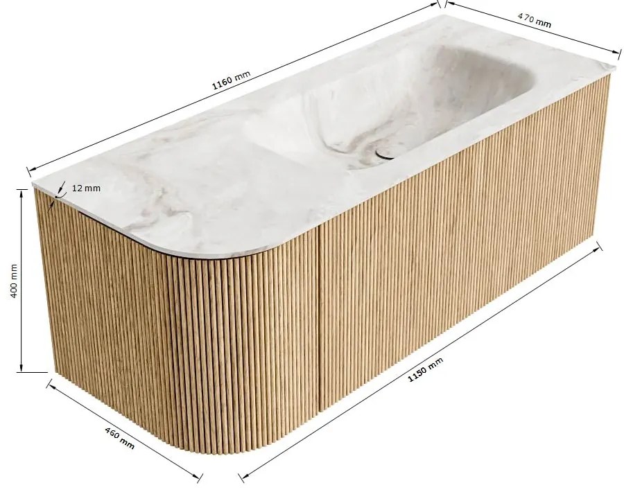 Mondiaz Kurve-dlux 115cm badmeubel ronding links oak met 1 lade en deur en wastafel big small kraangat rechts glace