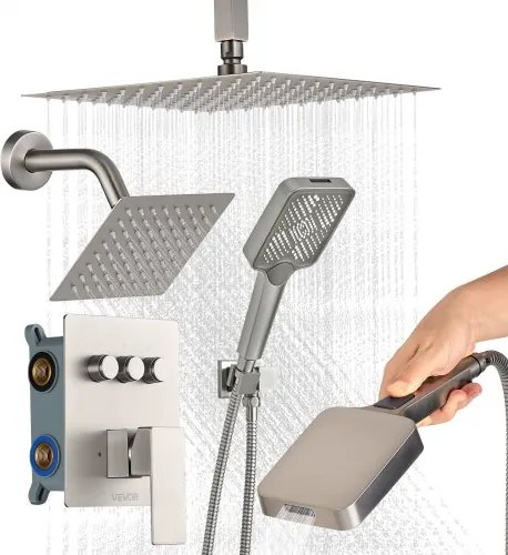 VEVOR Douchesysteemset met 12 inch regendouchesysteem / 6 inch wandmontagekop / 4-in-1 handdouche, draaibare dubbele regenkop (3 functies), messing klep en afwerkingsset, geborsteld nikkel