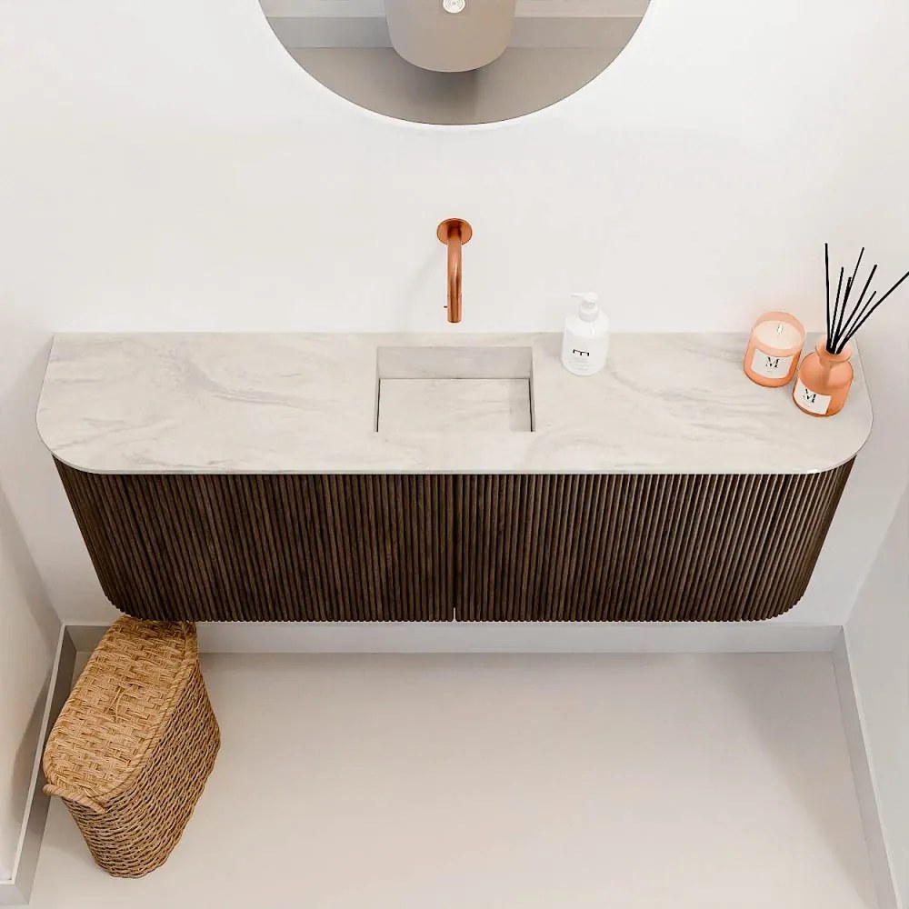 Mondiaz Joya DLux 115cm toiletmeubel ronding links/rechts walnut met wastafel faye midden zonder kraangat ostra