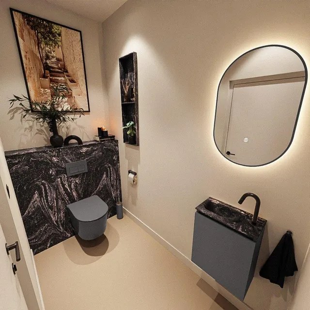 MONDIAZ TURE-DLUX 40cm toiletmeubel Dark Grey. EDEN wastafel Lava positie links. Met 1 kraangat. TUREDX40DGRL1LAV