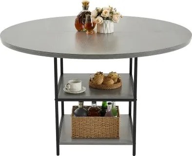 VEVOR Ronde eettafel Houten keukentafel (120 cm / 136,1 kg draagvermogen) voor 4-6 personen, moderne vrijetijdstafels met opbergruimte en metalen poten, voor keuken thuis en woonkamer, grijs (alleen tafel)