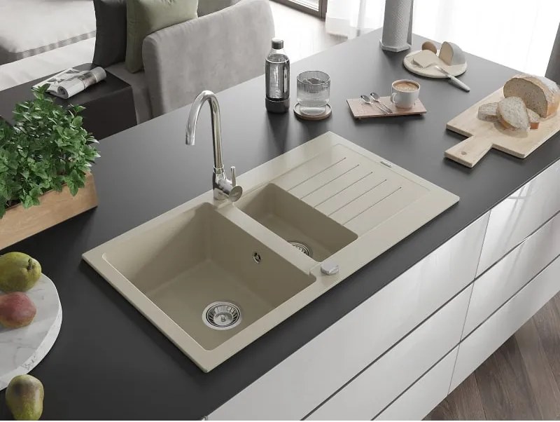 Mexen Matias granitische spoelbak 1,5-compartiment met afdruipruimte 900 x 505 mm, beige, sifon chroom - 6502901505-69