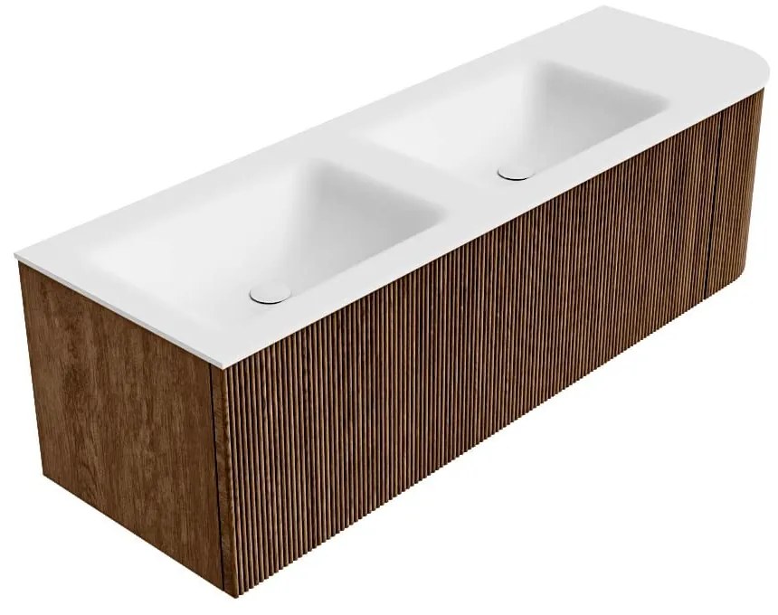 Mondiaz Kurve 145cm badmeubel ronding rechts walnut met 1 lade en deur en wastafel cloud dubbel/links 2 kraangaten