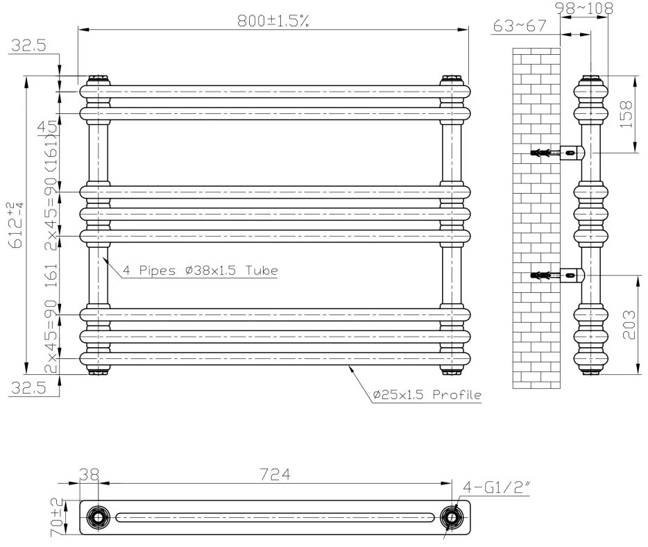 Eastbrook Imperia 2 koloms handdoekradiator 80x60cm 623W antraciet