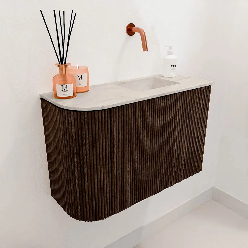 Mondiaz Joya DLux 60cm toiletmeubel ronding links walnut met wastafel faye rechts zonder kraangat ostra