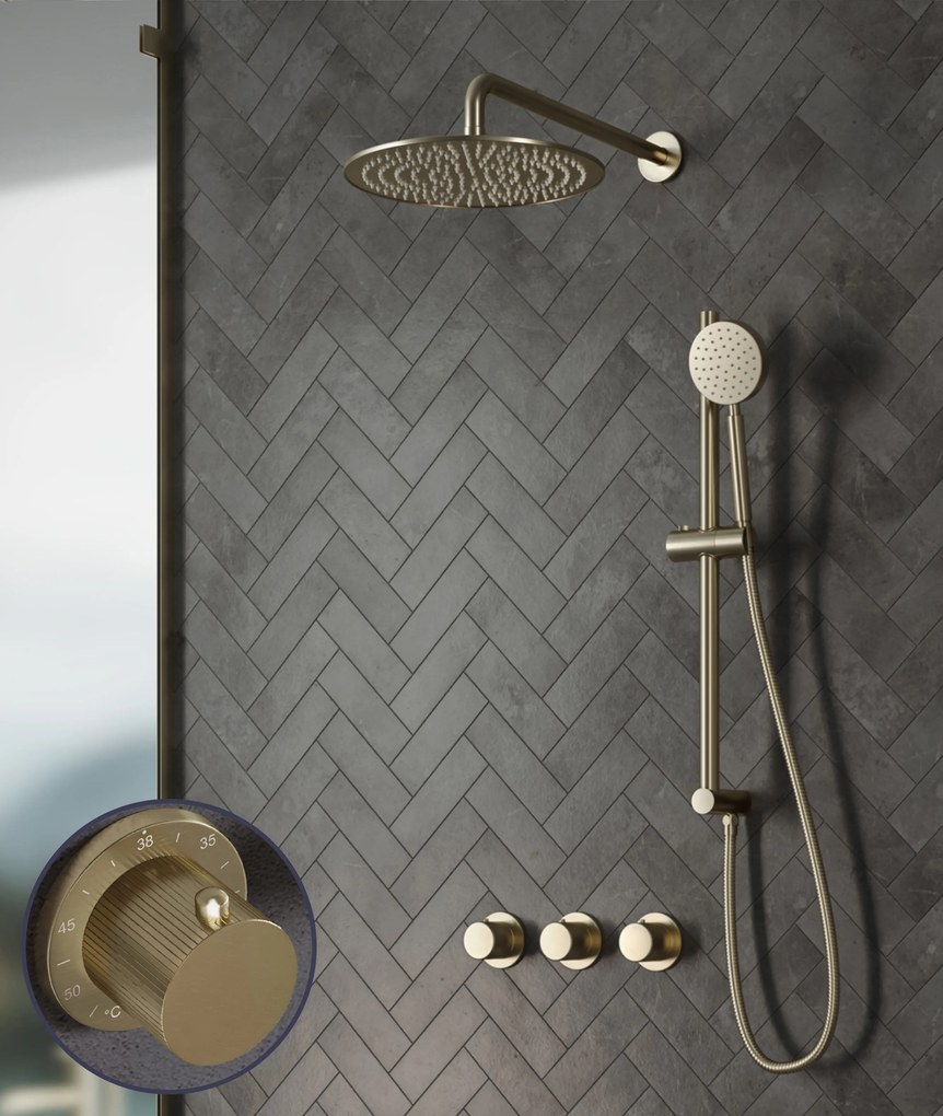 Saniclear Plus Stripes inbouw regendouche met 20cm hoofddouche, muurarm en glijstang geborsteld messing - mat goud