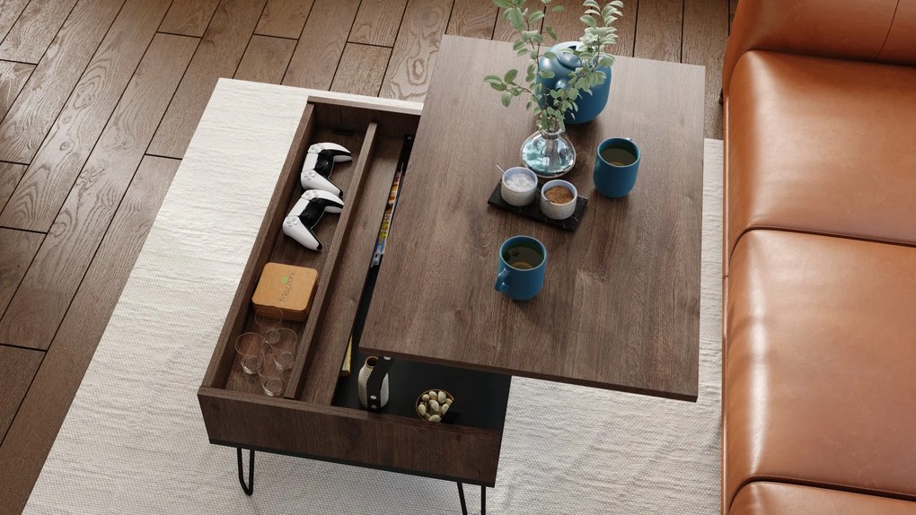 HAIRPIN S-90 Eik Bruin/Zwart Mat - MODERNE KOFFIETAFEL MET OPKLAPBARE TAFEL + OPBERGVAK + PLANK