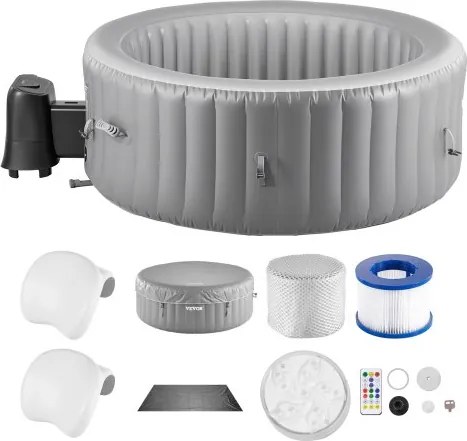 VEVOR Opblaasbaar bad voor 4 tot 6 personen (208 x 66 cm), rond en draagbaar, met 130 rustgevende jets, hoofdsteun, led-lampje, afdekking en multifunctioneel bedieningspaneel, PVC spabad buiten