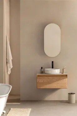 Tedrik Zwevend Badkamermeubelset Van Essenhout Ash Brown & Rond Cement Wit Ø40 Cm Zavion & Ovaal Met Opbergruimte 45x90 Cm Abner & Zonder Kraan -