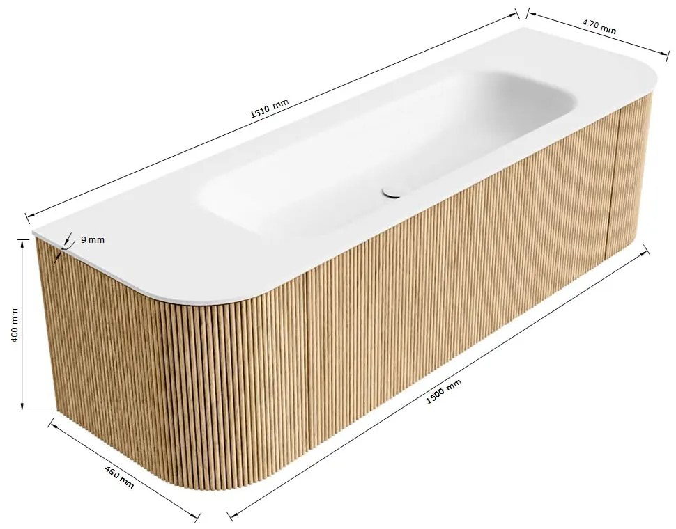 Mondiaz Kurve 150cm badmeubel ronding links/rechts oak met 1 lade en 2 deuren en wastafel big medium midden 1 kraangat