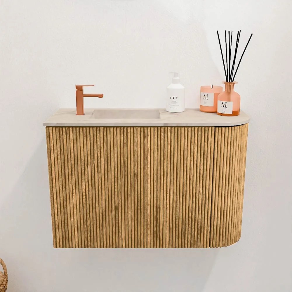 Mondiaz Joya DLux 60cm toiletmeubel ronding rechts oak met wastafel faye links 1 kraangat frappe