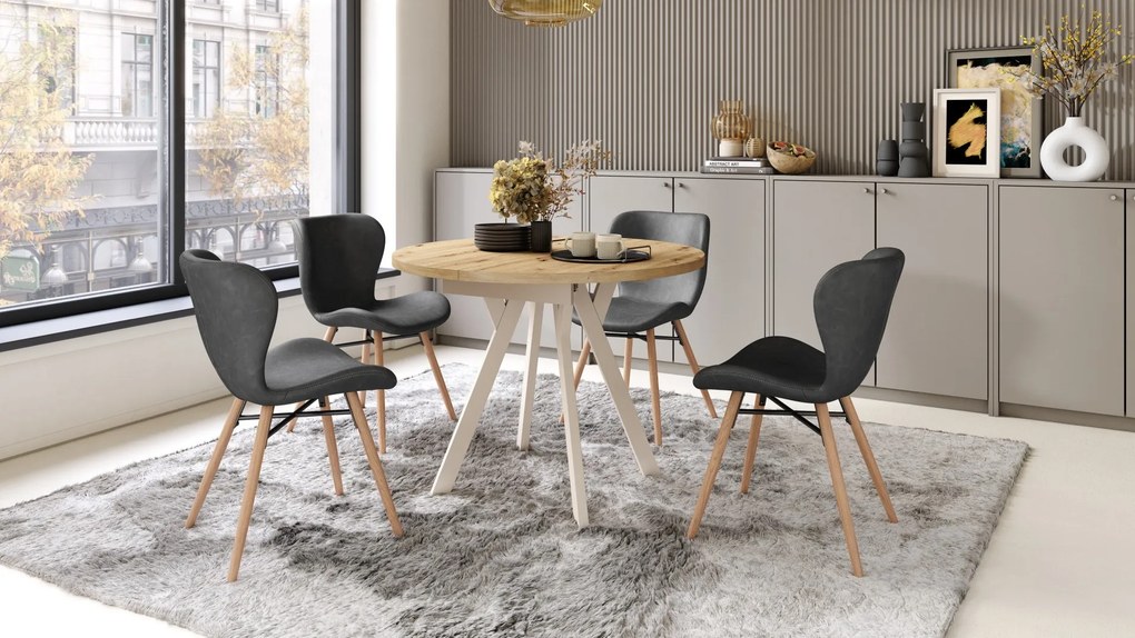 ALMO Eiken Artisan/Beige poten - RONDE LOFT/INDUSTRIËLE TAFEL VOOR WOONKAMER/EETKAMER, UITSCHUIFBAAR