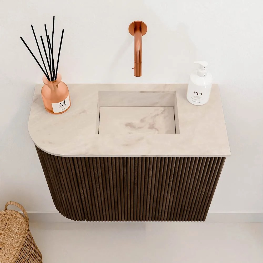 Mondiaz Joya DLux 50cm toiletmeubel ronding links walnut met wastafel faye rechts zonder kraangat frappe