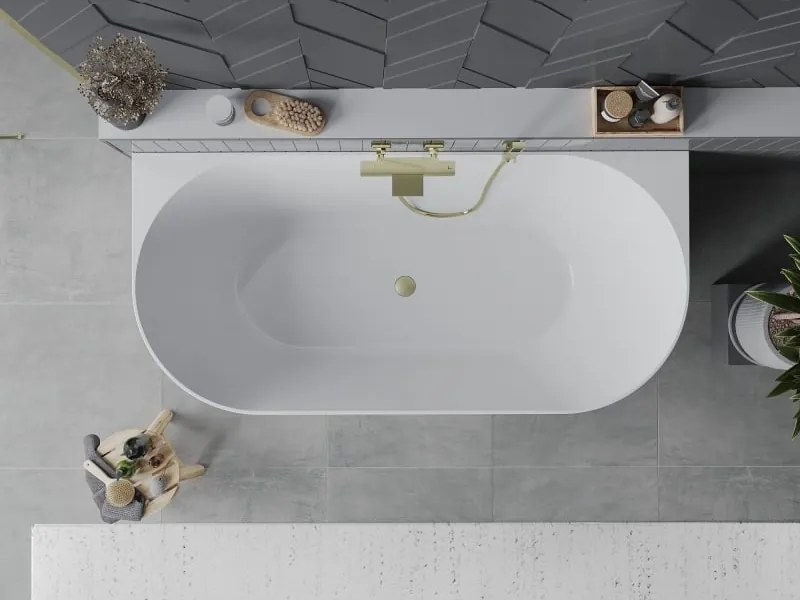 Mexen Oval Slim vrijstaande halfvrijstaande badkuip 170 x 80 cm, wit, overloop geborsteld goud - 52661708000-55