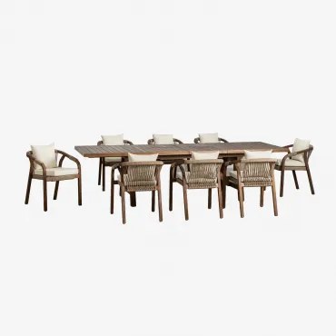 Rechthoekige Uitschuifbare Eettafel 200-260-320x100 Cm En 8 Eetkamerstoelen Met Armleuningen Van Acaciahout Dubai Donker Acaciabruin & Stof Gardenia W