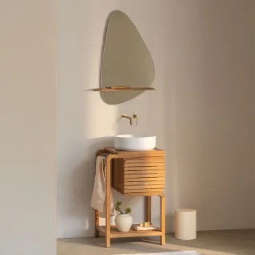 Bradley Teakhouten Badkamermeubelset Rond Keramiek Wit Ø40 Cm Lenka & Onregelmatig Met Houten Plank 55x85 Cm Kai & Orveta Inbouwspoelbak - Sklum