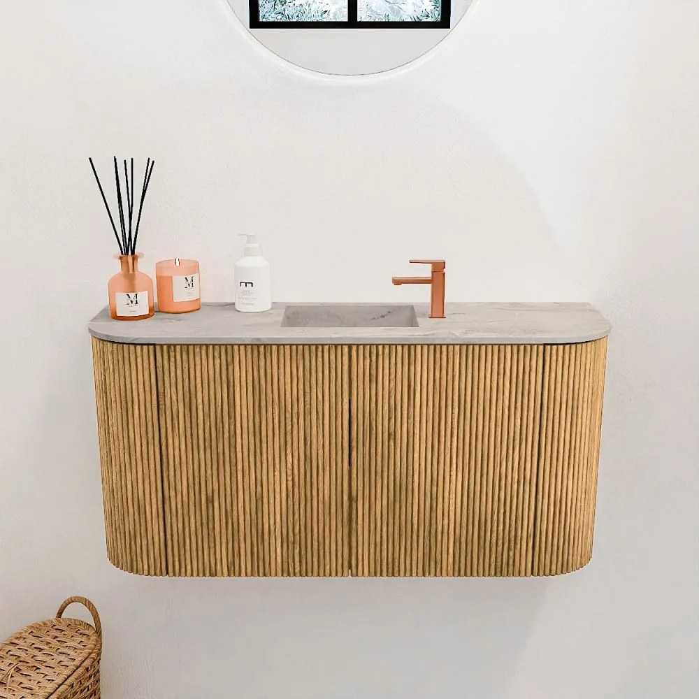 Mondiaz Joya DLux 85cm toiletmeubel ronding links/rechts oak met wastafel faye midden 1 kraangat glace