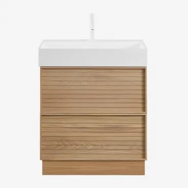 Badmeubelset 70x50 Cm Van Hout Met Geïntegreerde Wastafel Jolene Natuurlijk Hout & Spiegelloze & Wit ↑20 Cm Met Aftapkraan Zonder Overloop Orveta -