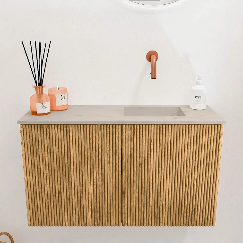 Mondiaz Joya DLux 70cm toiletmeubel oak met wastafel faye rechts zonder kraangat opalo
