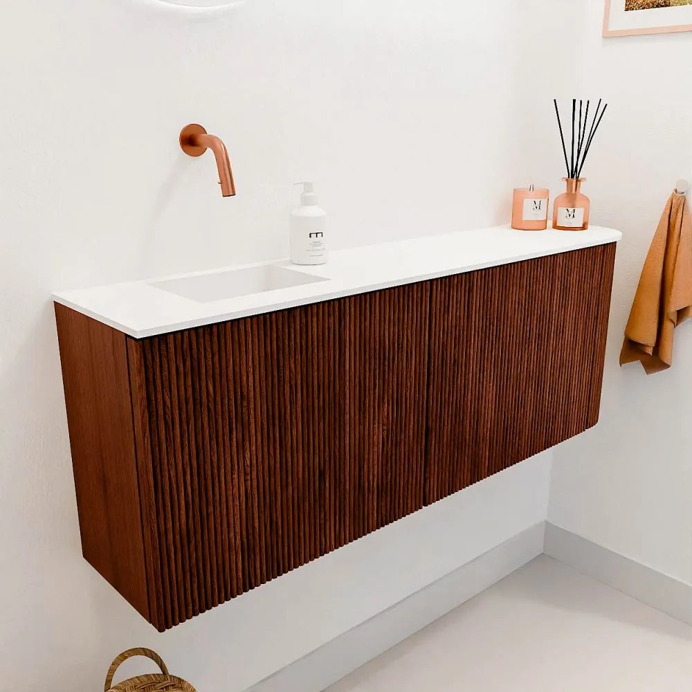 Mondiaz Joya 110cm toiletmeubel ronding rechts ruby met wastafel faye links zonder kraangat talc