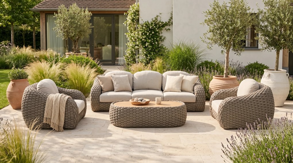 Stoel en Bank Loungeset 5 personen Rope Taupe Santika Furniture Santika
