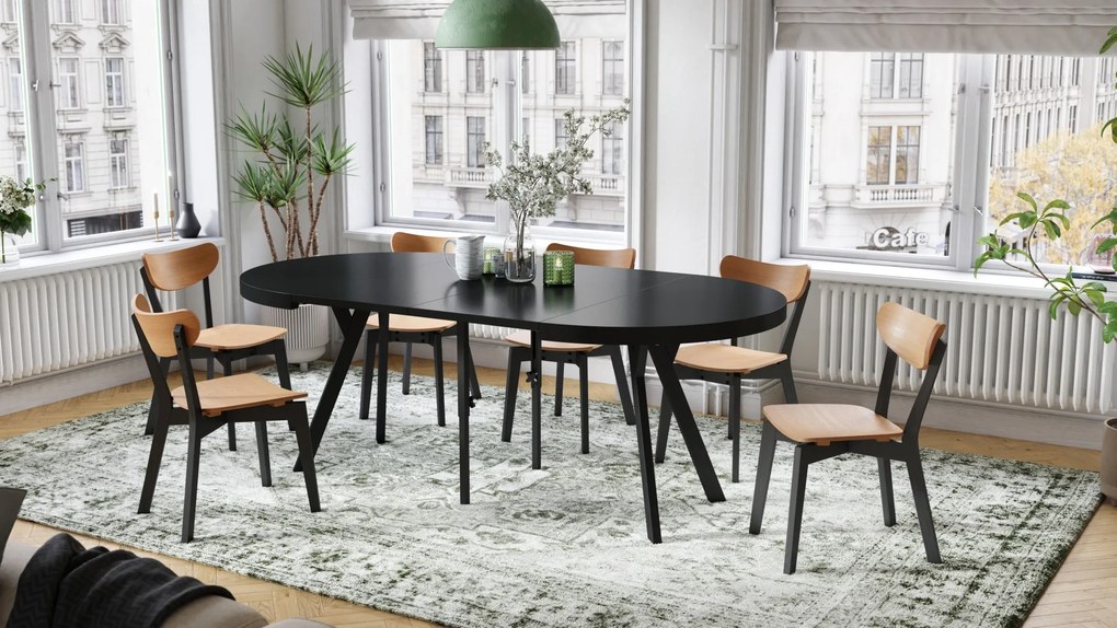 EXPANSO Czarny Mat/zwarte poten - GROTE RONDE TAFEL Ø110 UITBREIDBAAR TOT 310 cm met Y-POTEN LOFT/INDUSTRIAL