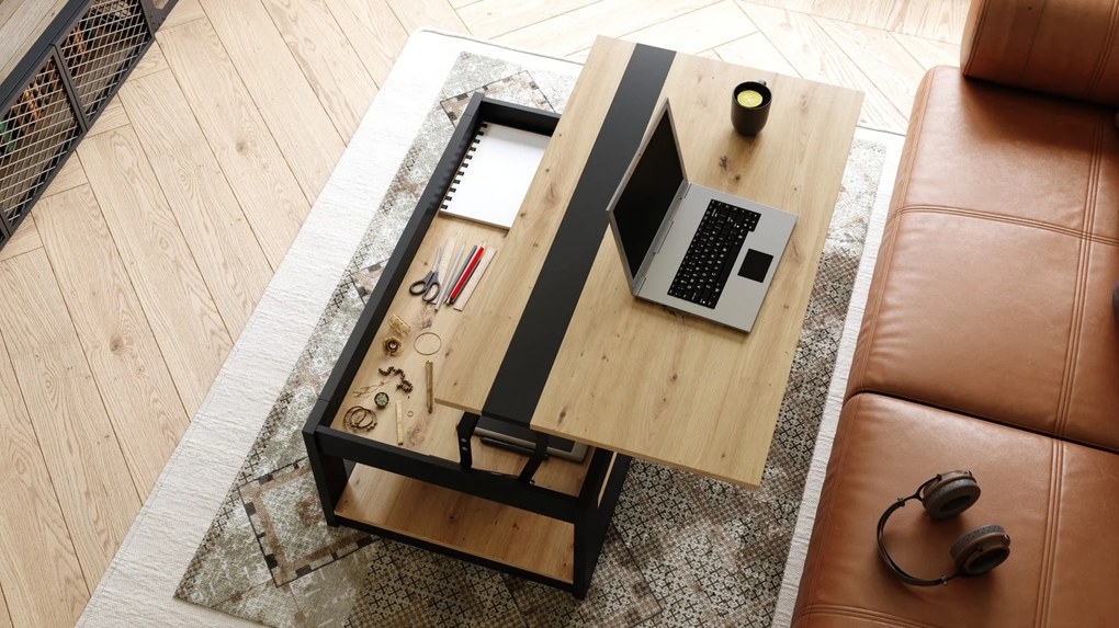 LUSSO Artisan Eik/Zwart mat - MODERNE SALONTAFEL MET VERHOOGD BLAD + OPBERGRUIMTE + SCHAP (OP WIELEN!)