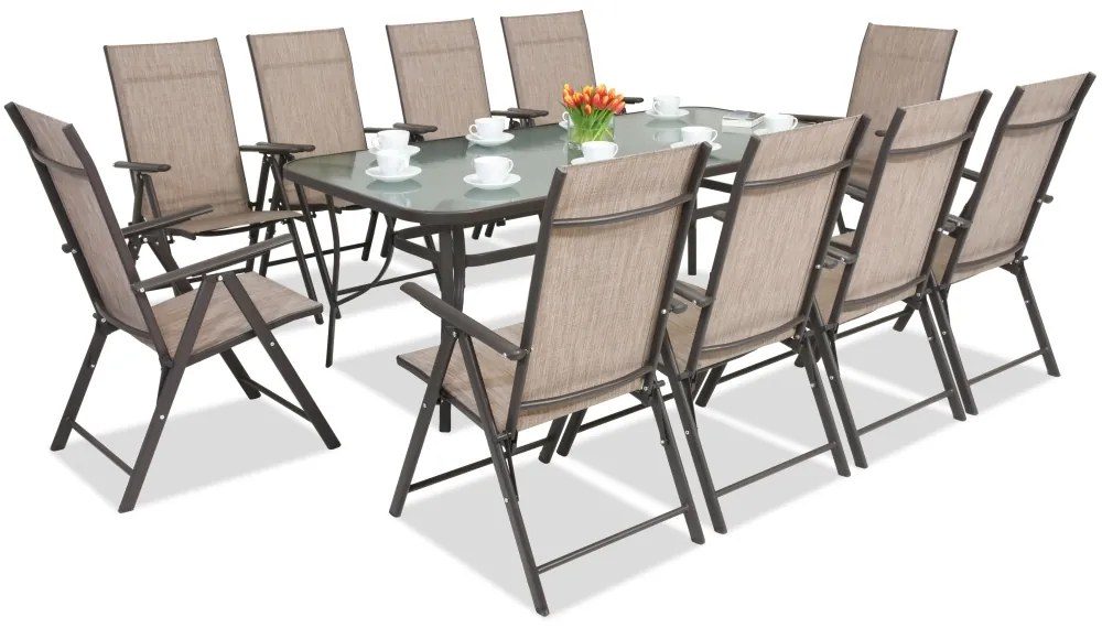 Stalen dining tuinmeubels Modena/Rosario voor 10 personen met grote tafel 200 cm Garden Point bruin