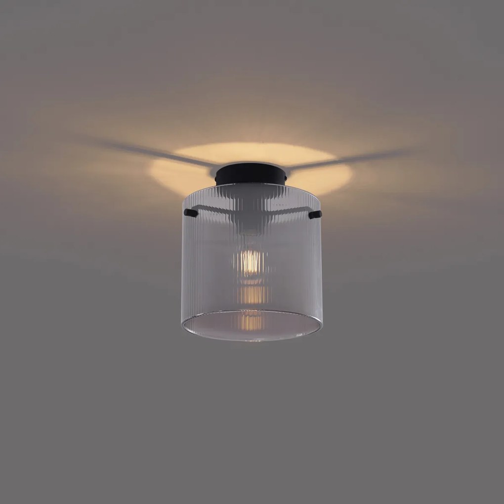 Art Deco plafondlamp zwart met smoke glas - Laura