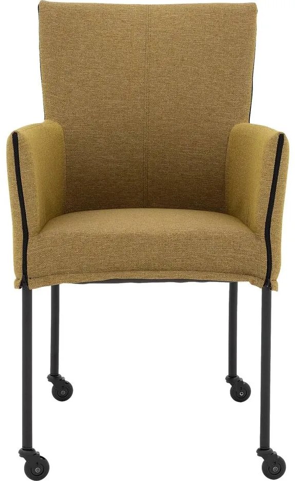 Goossens Eetkamerstoel Funk Zwarte Poten groen stof met armleuning en Zwart skater wiel met zwarte kapmet wielen, modern design