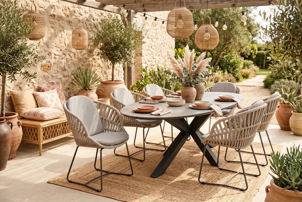 Tuinset Ronde Tuintafel 4 personen 140 cm Rope Taupe Santika Furniture Santika
