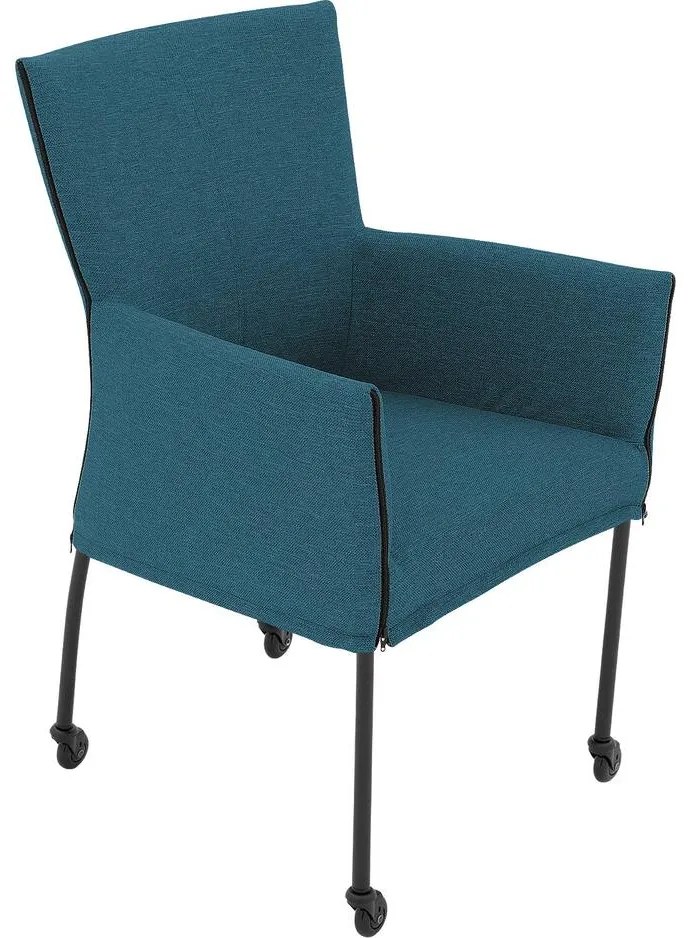 Goossens Eetkamerstoel Funk Zwarte Poten blauw stof met armleuning en Zwart skater wiel met zwarte kapmet wielen, modern design