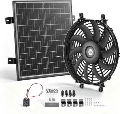 VEVOR Gevelventilator 30,5 cm, zolderventilator op zonne-energie, 2208,7 m³/u, zwart, 3-in-1 ventilatie, koeling en ontvochtiging voor zolders, kassen en werkplaatsen, PP-behuizing, met thermostaat en 50W zonnepaneel