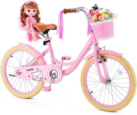 VEVOR Kinderfiets 20 inch racefiets voor 7-13 jaar met standaard, roze, carbonstalen kinderfiets voor meisjes, prinsessenstijl, dubbele remmen, verstelbaar zadel en stuur, met poppenzitje en mandje