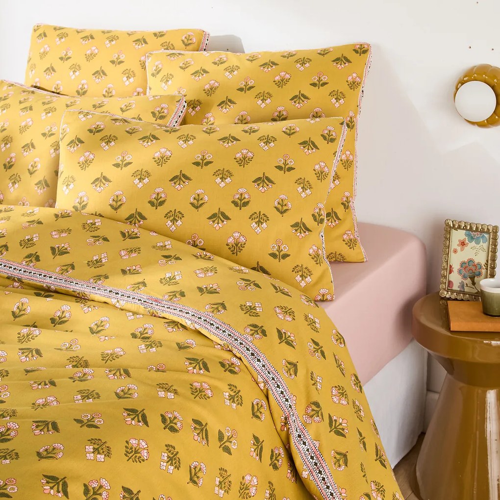 Dekbedovertrek in gewassen katoen, bloemenprint, VANDI OCRE