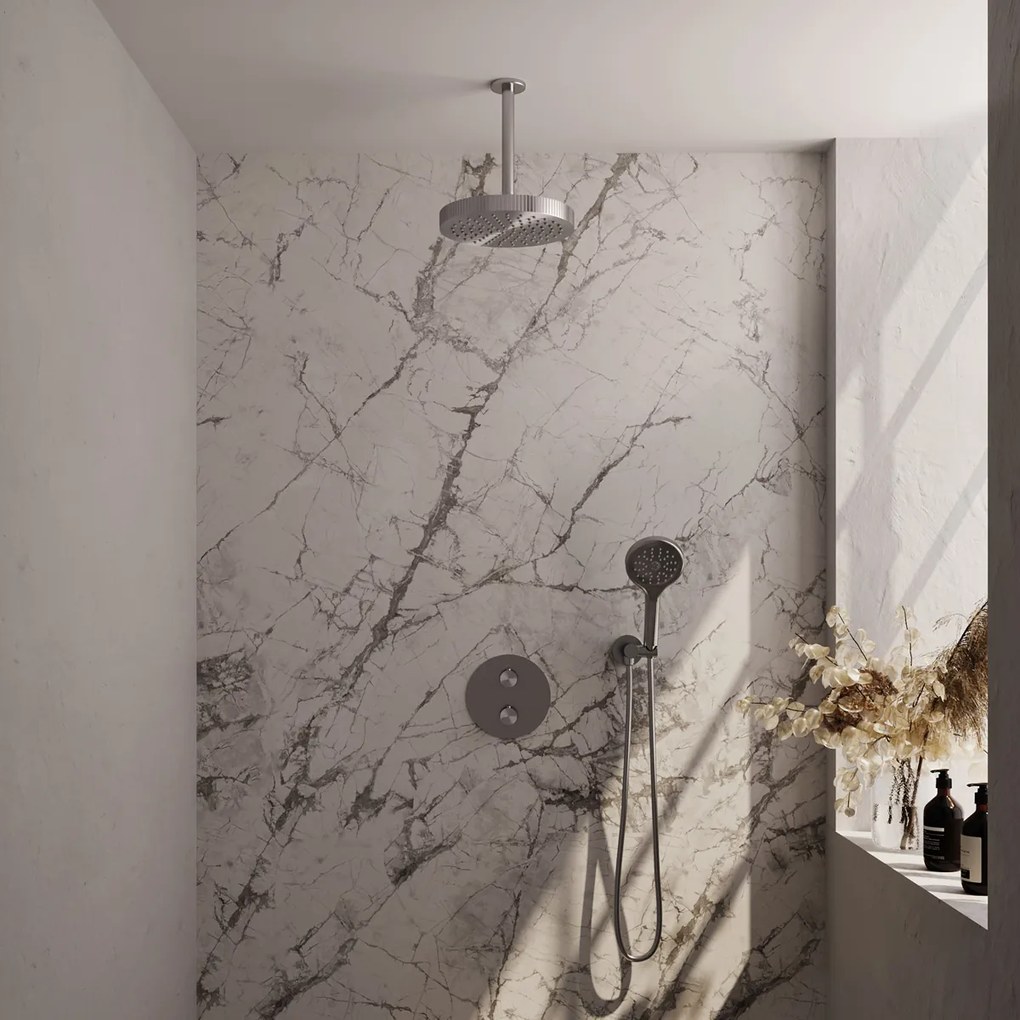 Brauer Stripe inbouw regendouche rond met 25cm hoofddouche, plafondarm en 3 standen handdouche set 42 RVS geborsteld PVD
