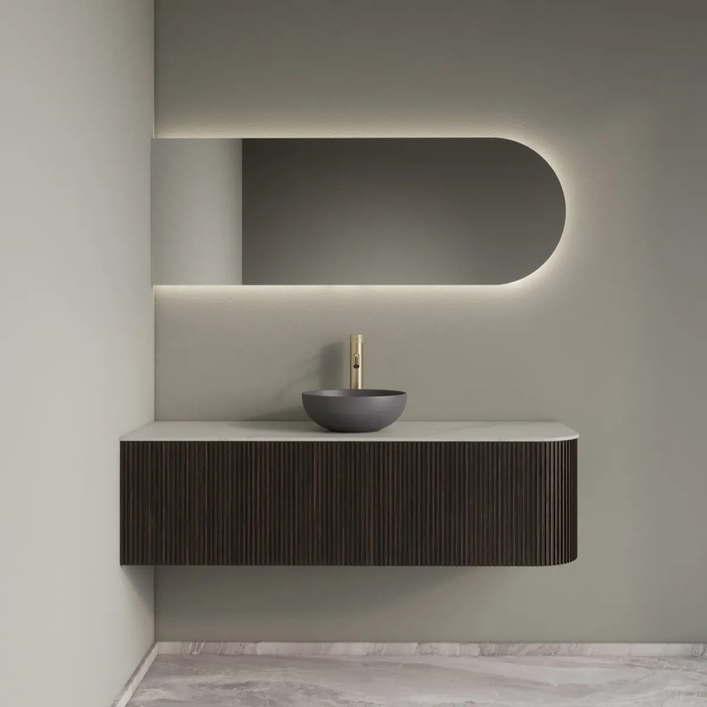 Gliss Design Alluro badmeubel ribbelfront met ronding rechts 140cm ebony en wit marmer toppaneel