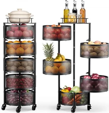 VEVOR Groenterek Keukenwagen met 5 lagen, Fruitmand, Metalen Groentemand, Mobiele Draadmand Organizer op wielen, Zwarte Opbergwagen, Ideaal voor Keuken, Badkamer en Kinderkamer