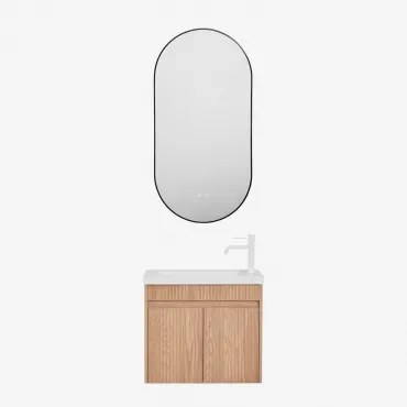 Narek Zwevend Houten Badkamermeubelset Met Geïntegreerde Wastafel Ash Brown & Wit ↑20 Cm Met Aftapkraan Zonder Overloop Orveta & Ovale Led En Anticond